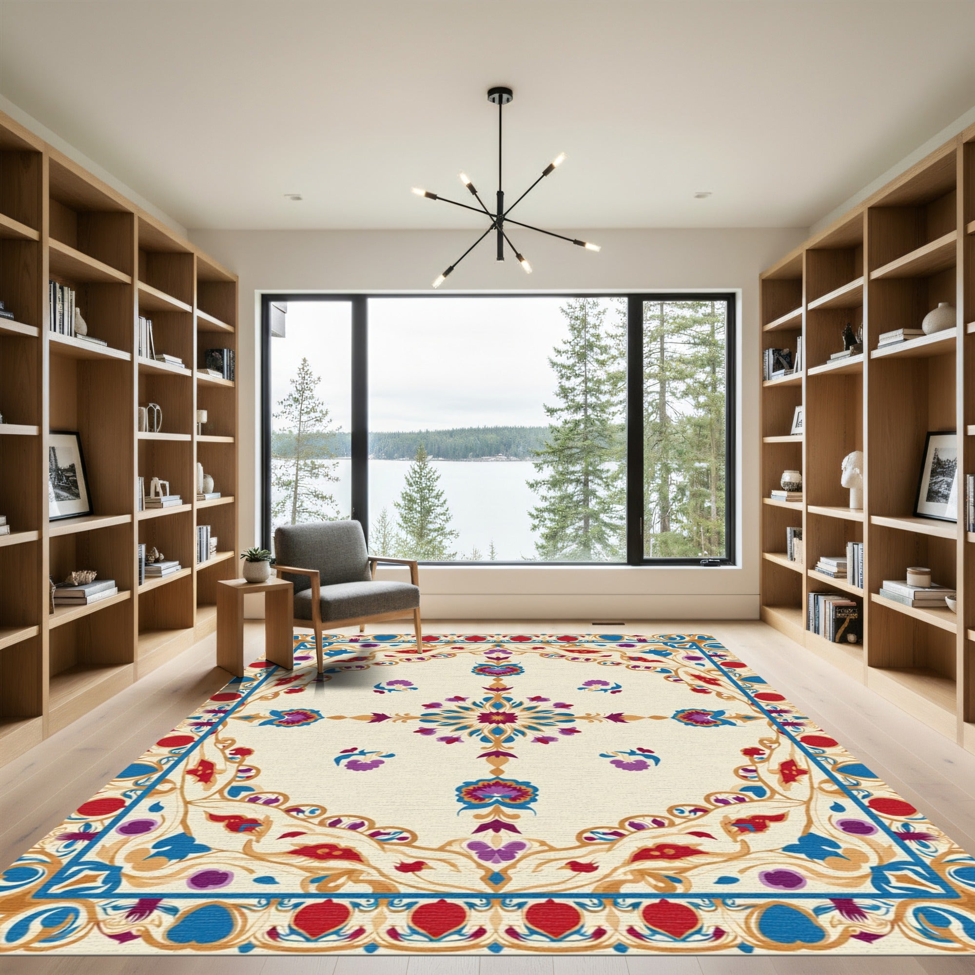 Vibrant Floral Medallion With Blue Border Rug