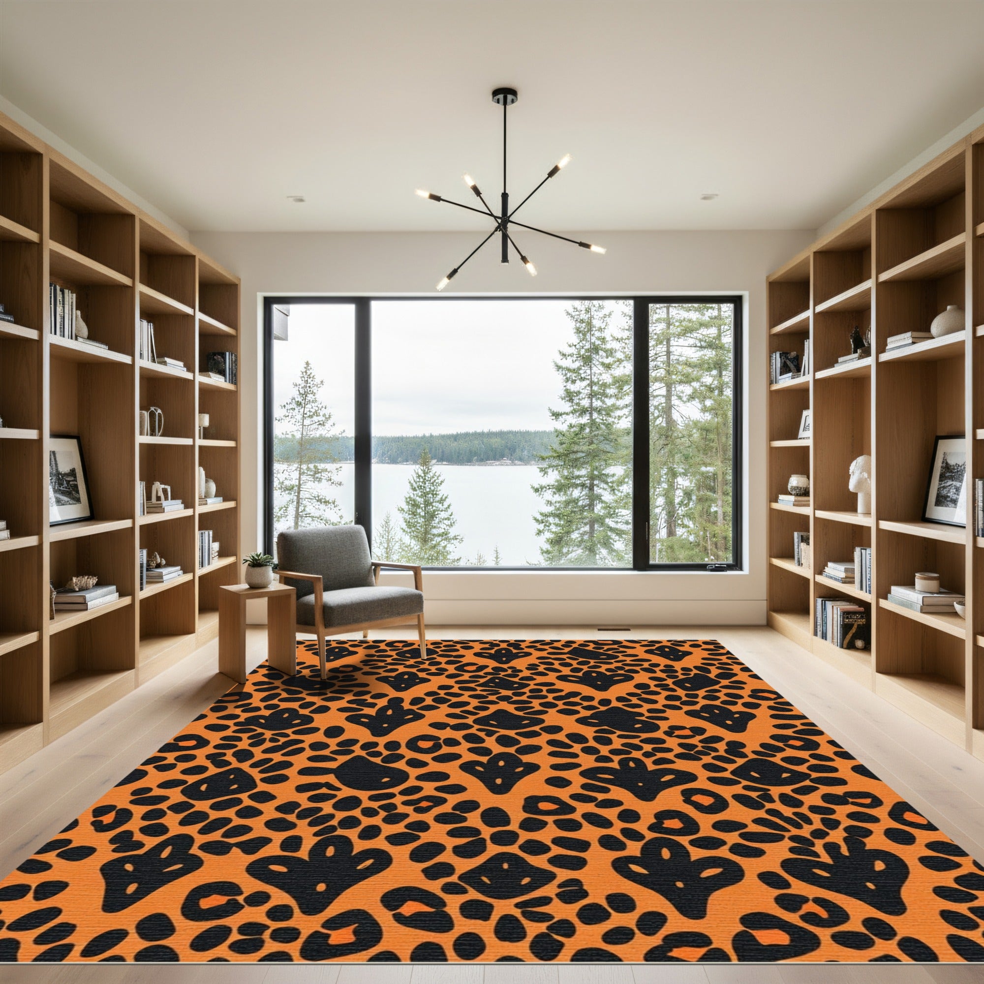 Black Cheetah Orange Leaf Medallion Rug