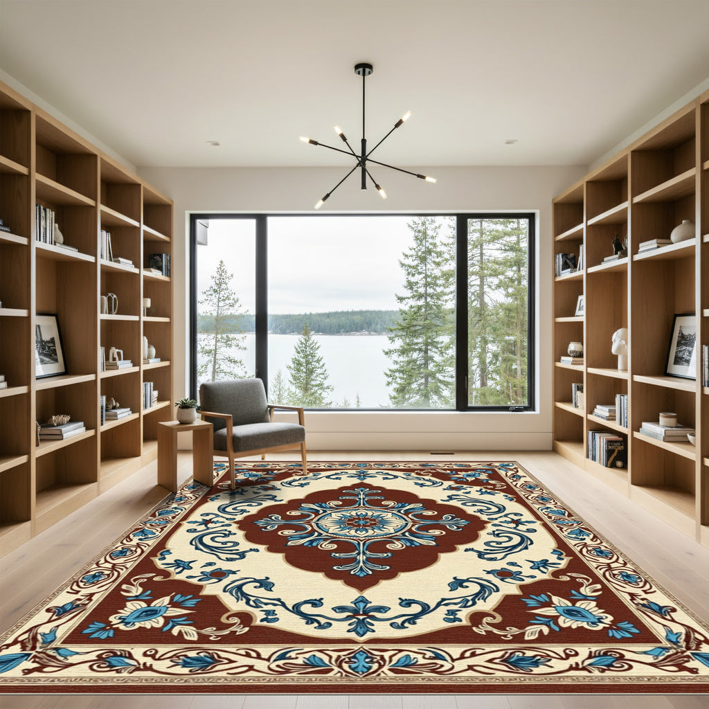 Classic Blue Floral Ivory Medallion Rug