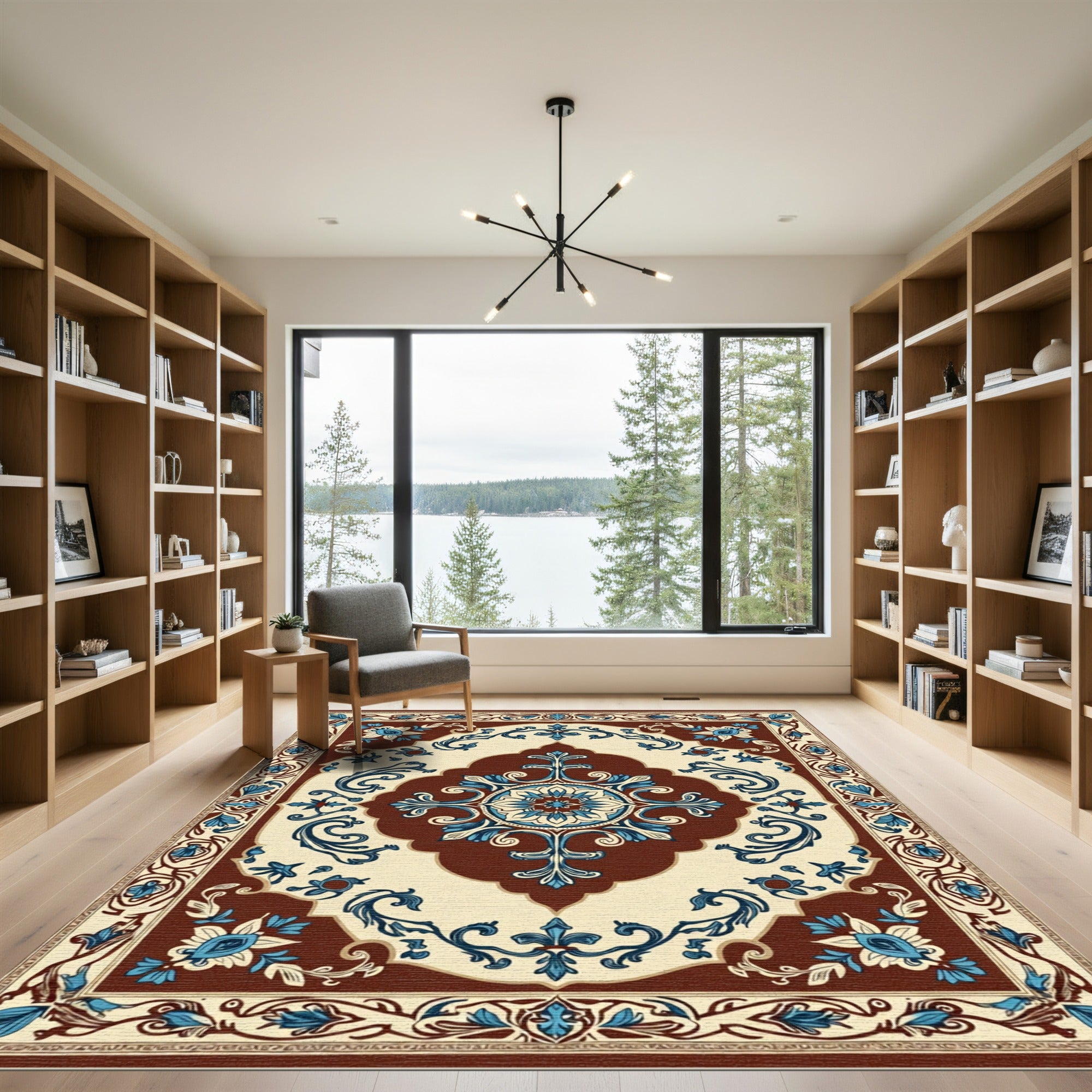 Classic Blue Floral Ivory Medallion Rug