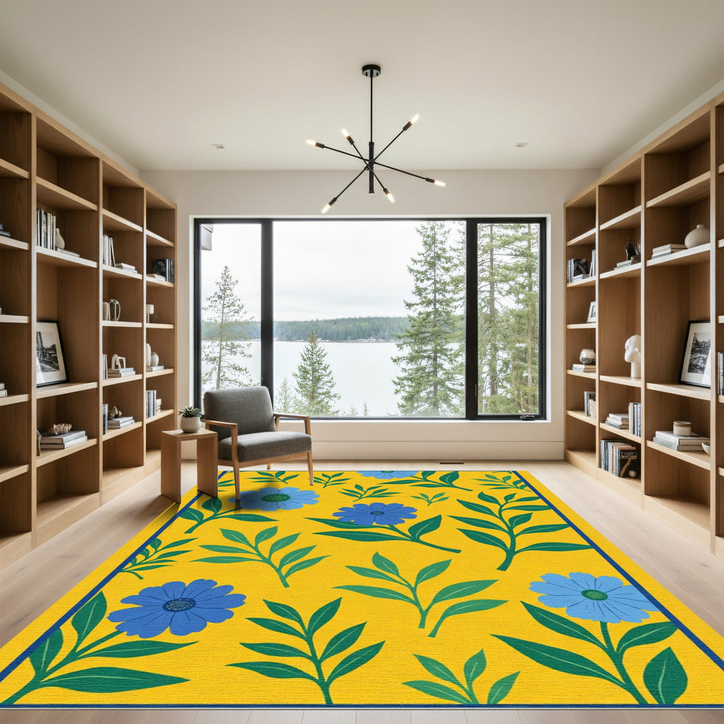 Cheerful Yellow Blue Floral Leaf Arrangement Rug