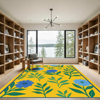 Cheerful Yellow Blue Floral Leaf Arrangement Rug