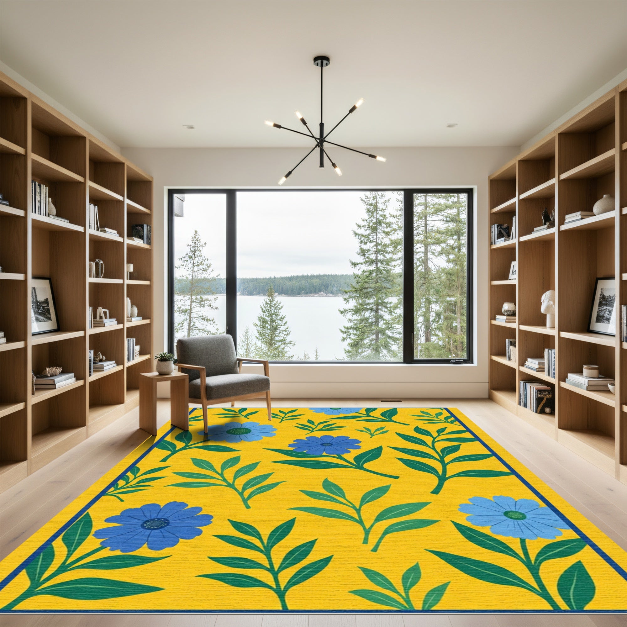 Cheerful Yellow Blue Floral Leaf Arrangement Rug