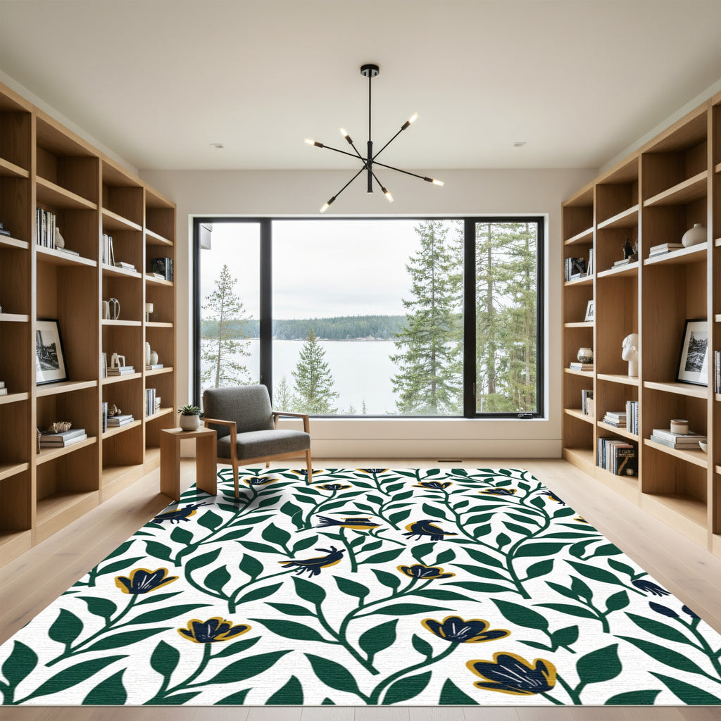 Dark Blue Yellow Floral Bird Harmony Rug