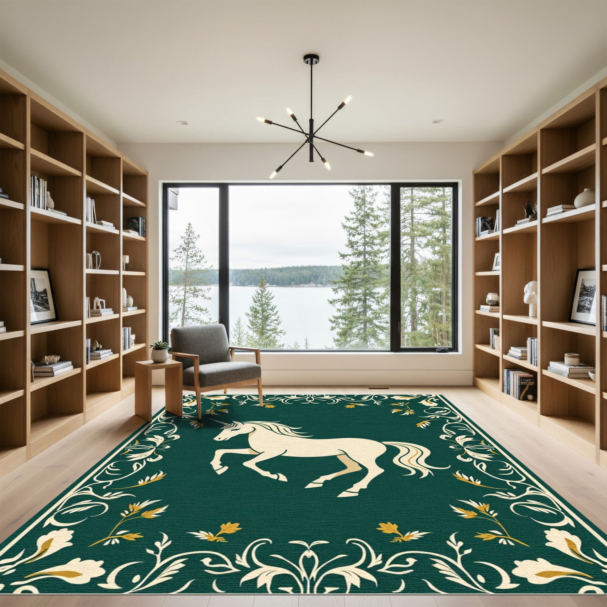 Cream Unicorn Green Floral Border Rug