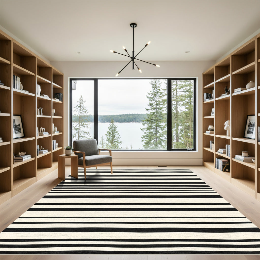 Modern Black Cream Horizontal Stripe Rug