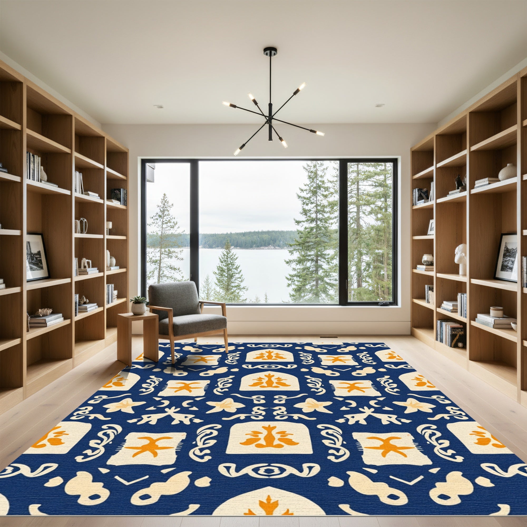 Navy Orange Arch Floral Medallion Rug