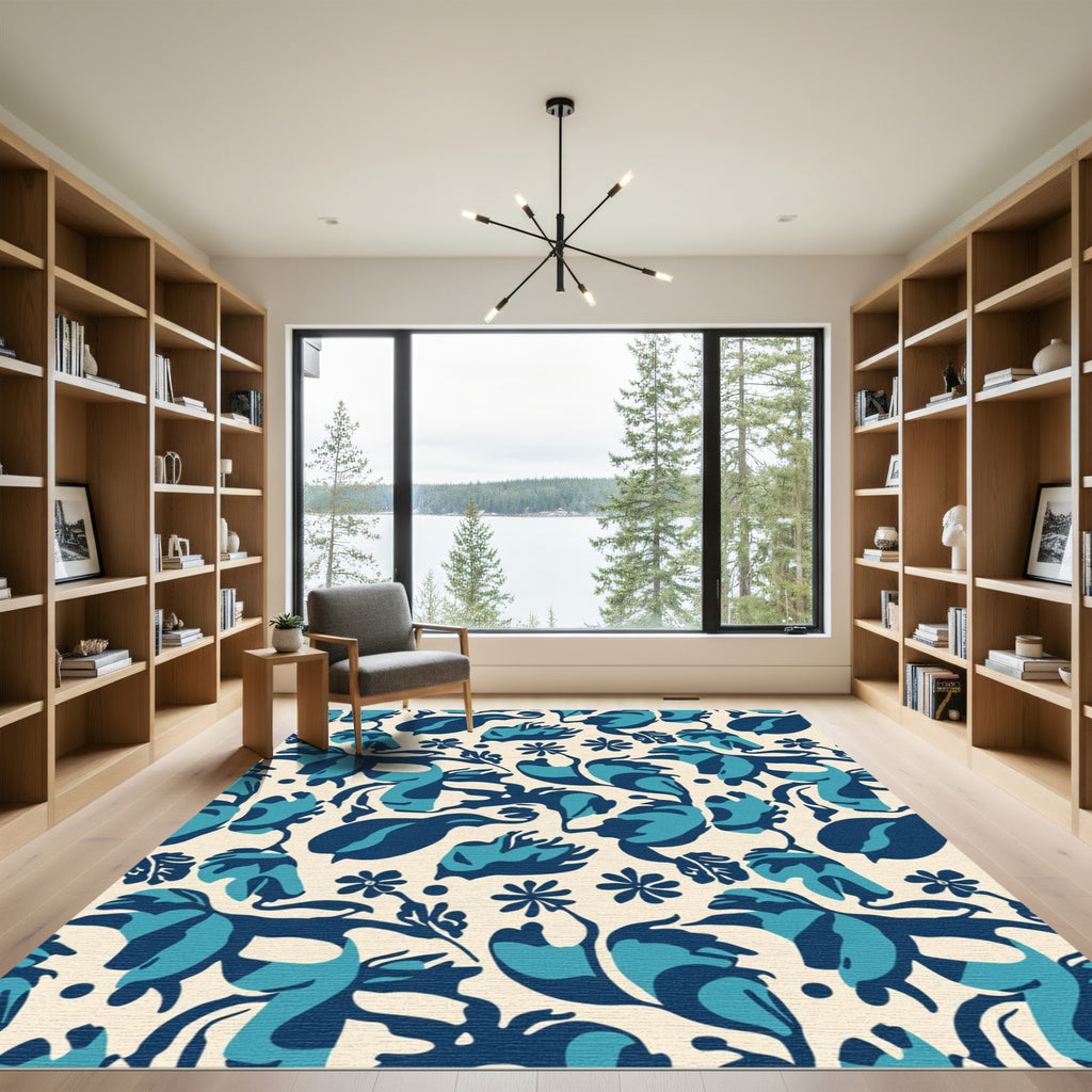 Deep Blue Tropical Floral Garden Rug