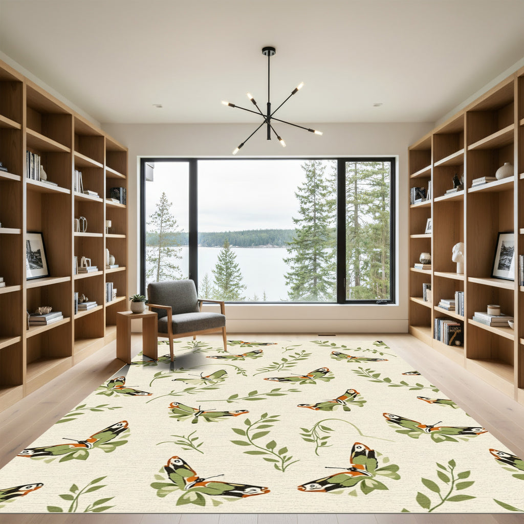 Green Orange Butterfly Foliage Whimsical Rug