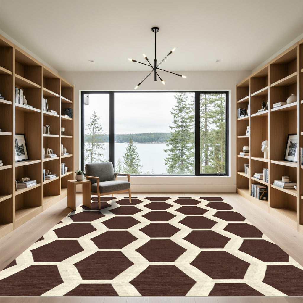 Geometric Hexagon Pattern Brown Cream Rug