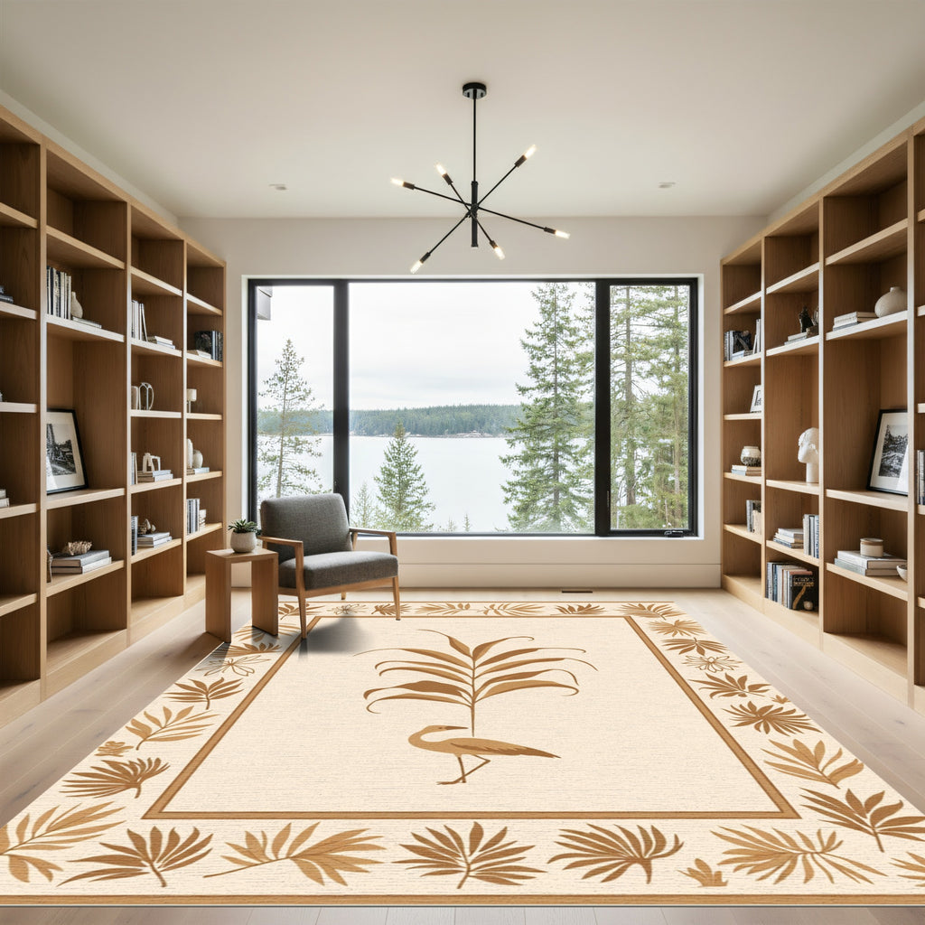 Golden Crane Tropical Leaf Border Rug