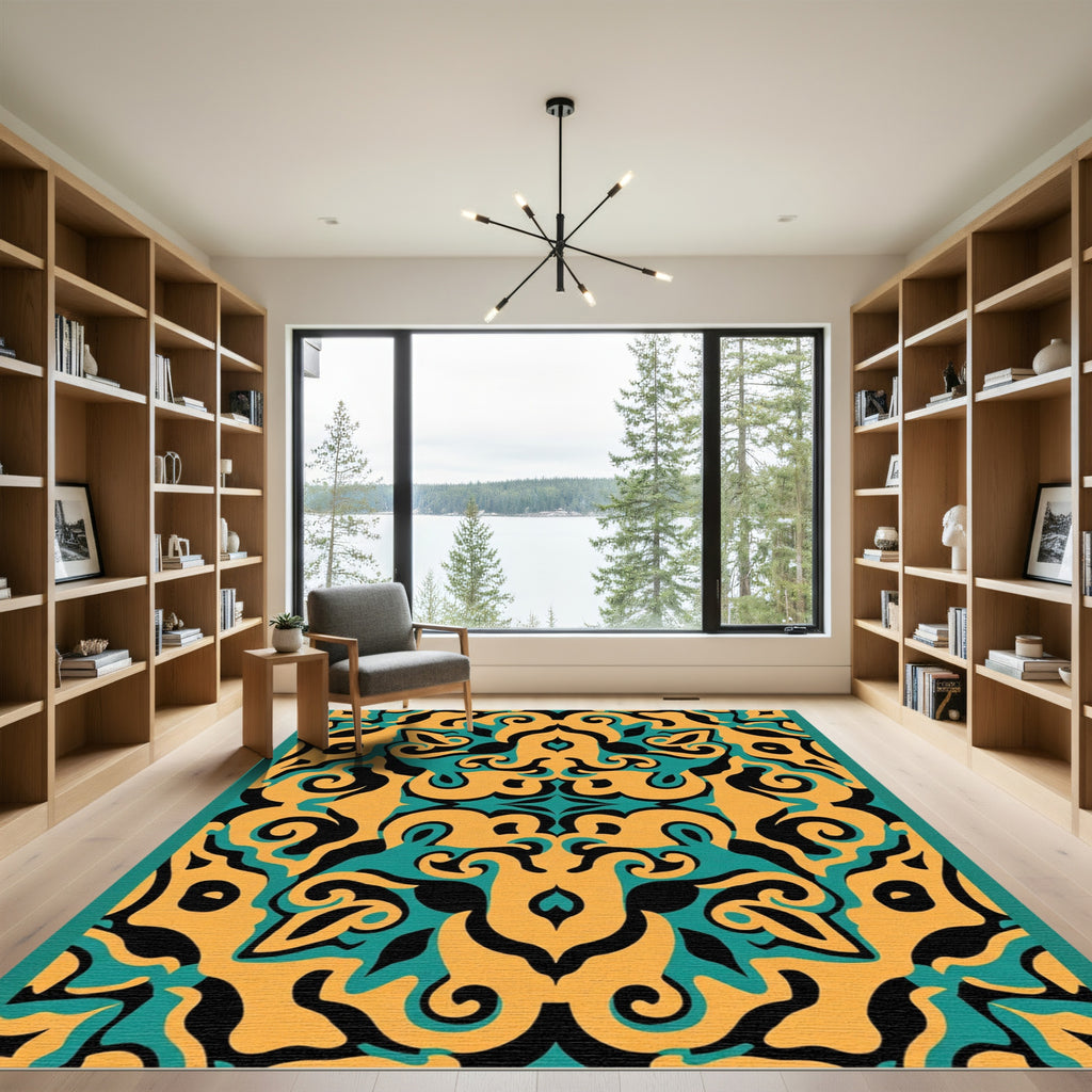 Orange Teal Black Swirling Medallion Rug