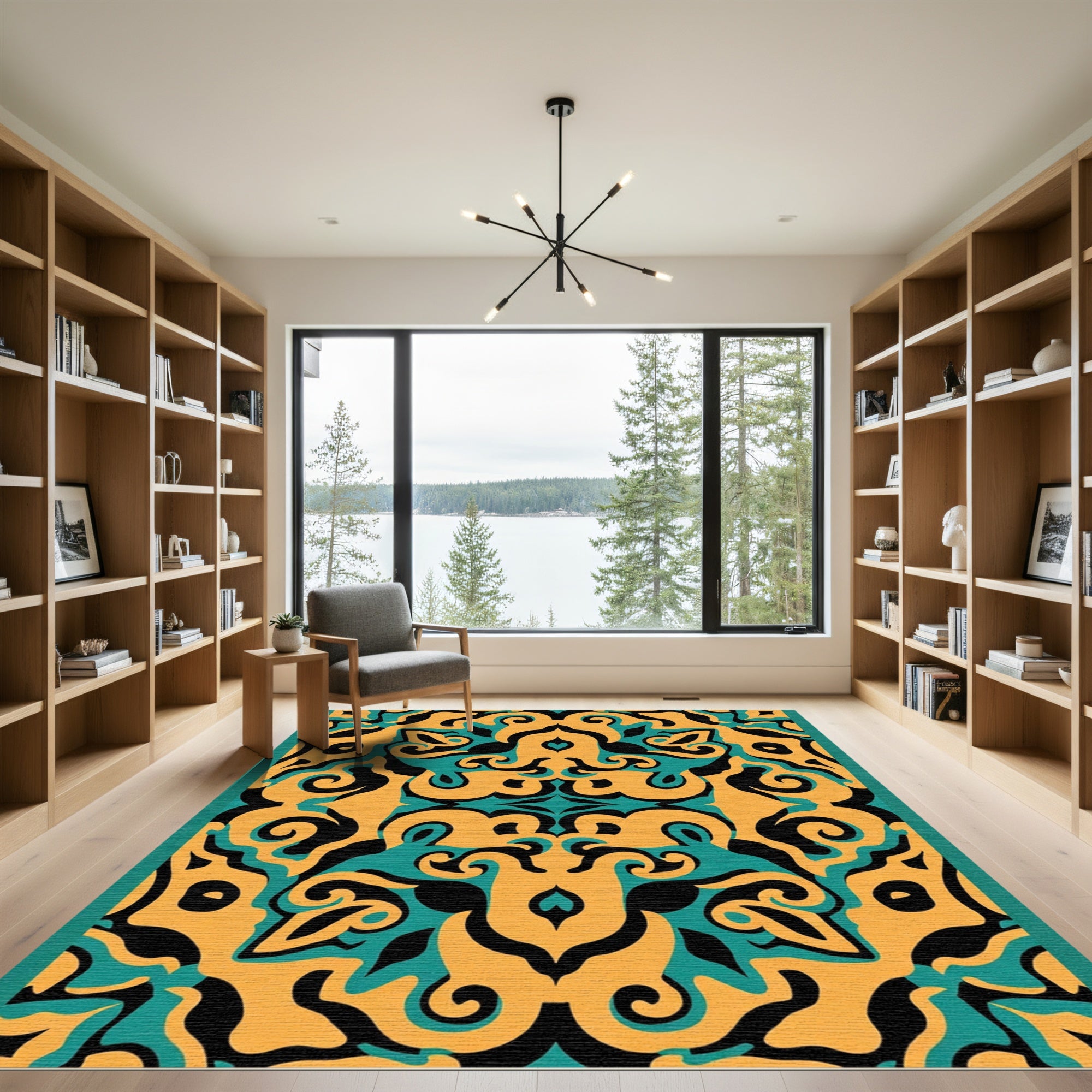 Orange Teal Black Swirling Medallion Rug