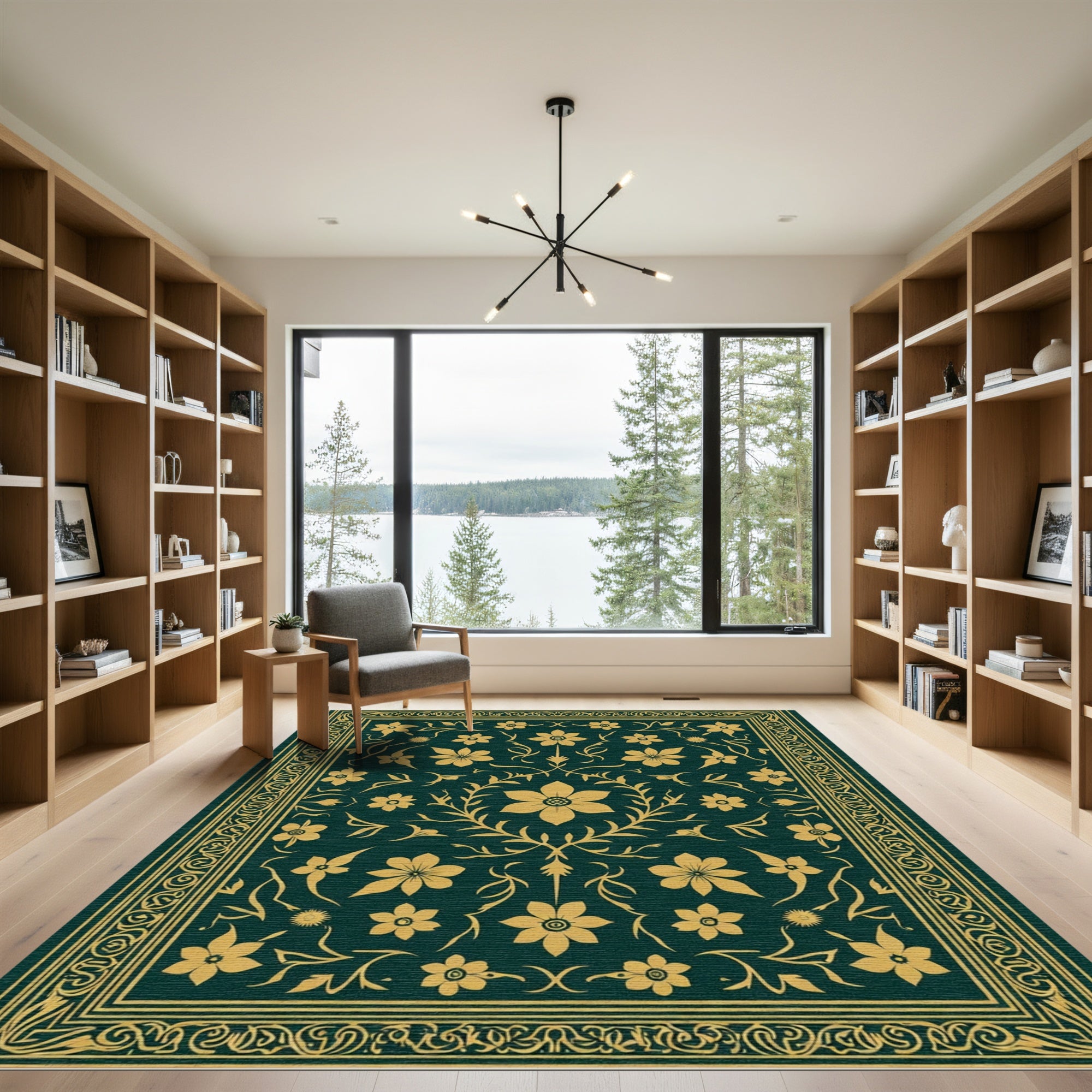 Deep Teal Gold Floral Scrollwork Rug
