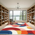 Bold Crimson Blue Geometric Circles Rug