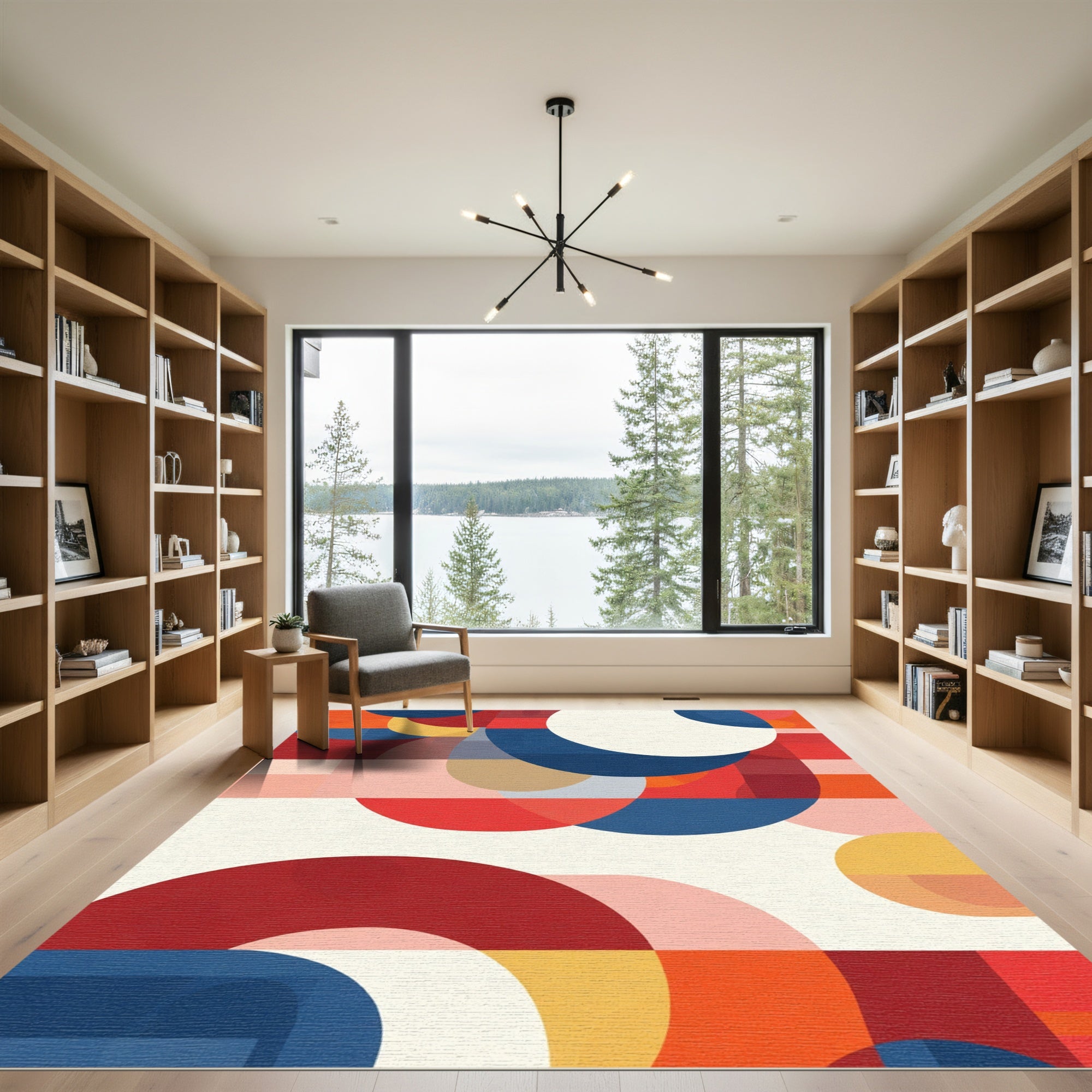 Bold Crimson Blue Geometric Circles Rug