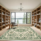 Green Floral Medallion Cream Border Rug