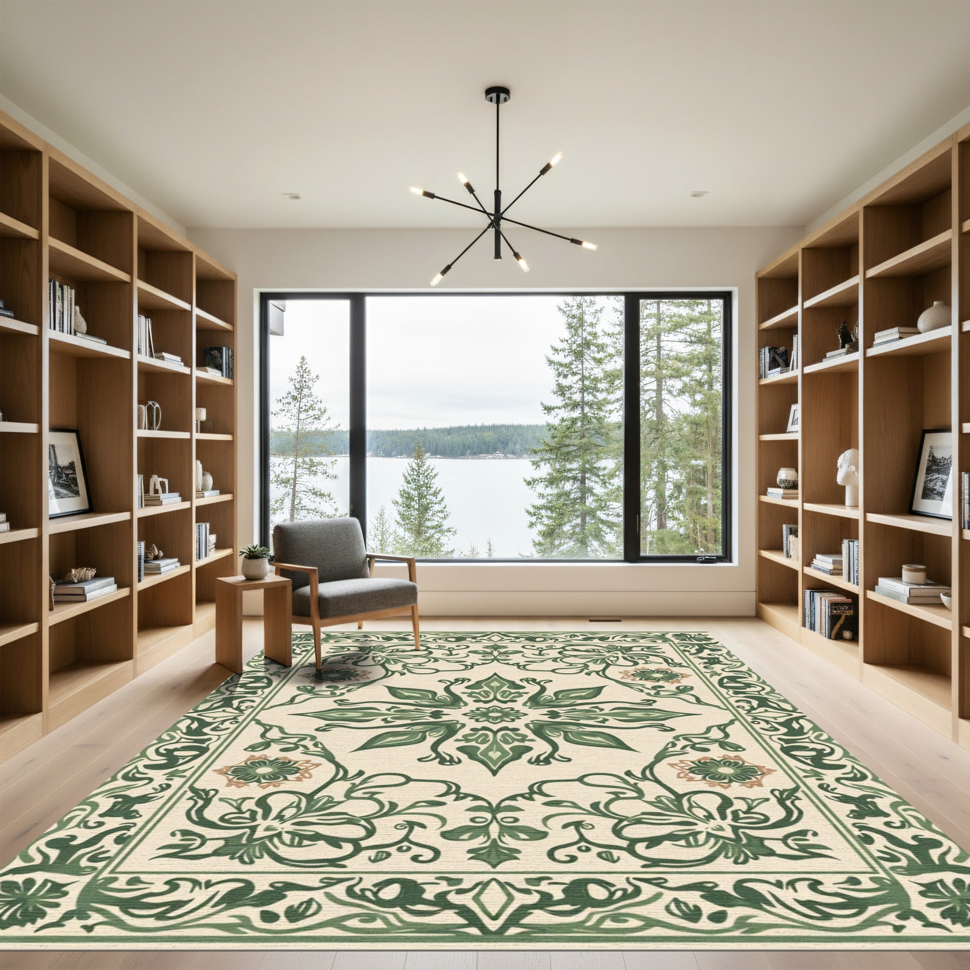 Green Floral Medallion Cream Border Rug
