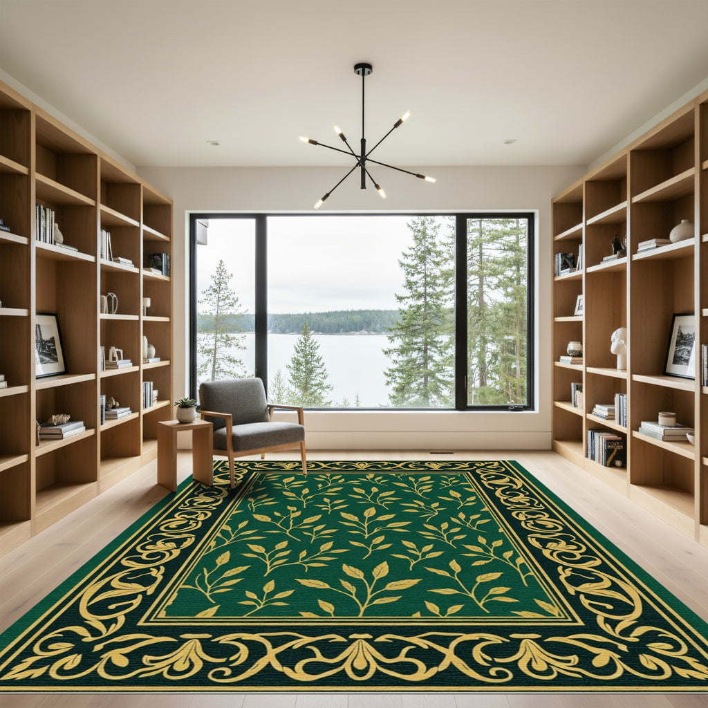 Deep Emerald Gold Leaf Vine Border Rug