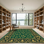 Deep Emerald Gold Leaf Vine Border Rug