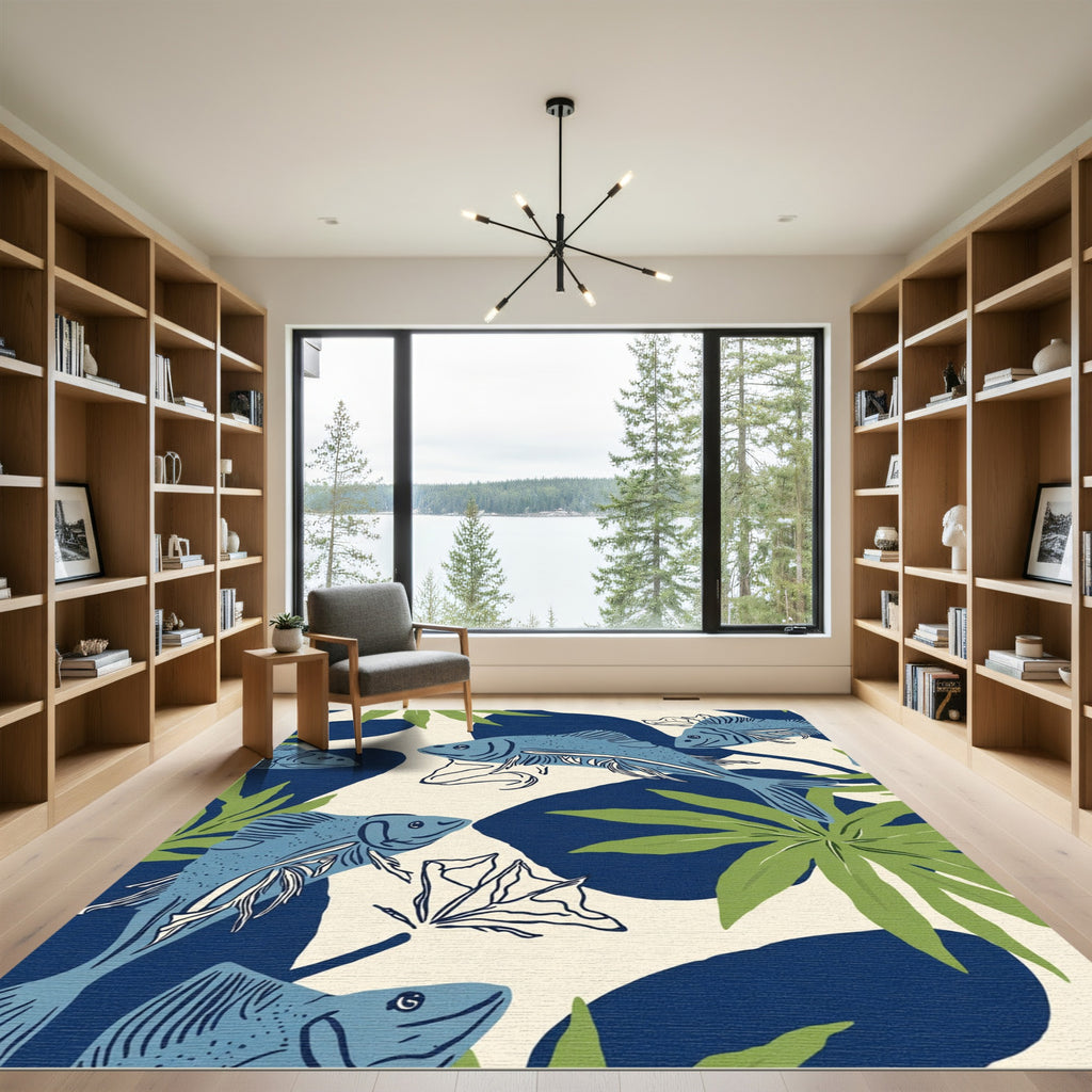 Aquatic Blue Fish Tropical Leaf Arrangement Rug