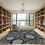 Black Petal Swirl Floral Rug
