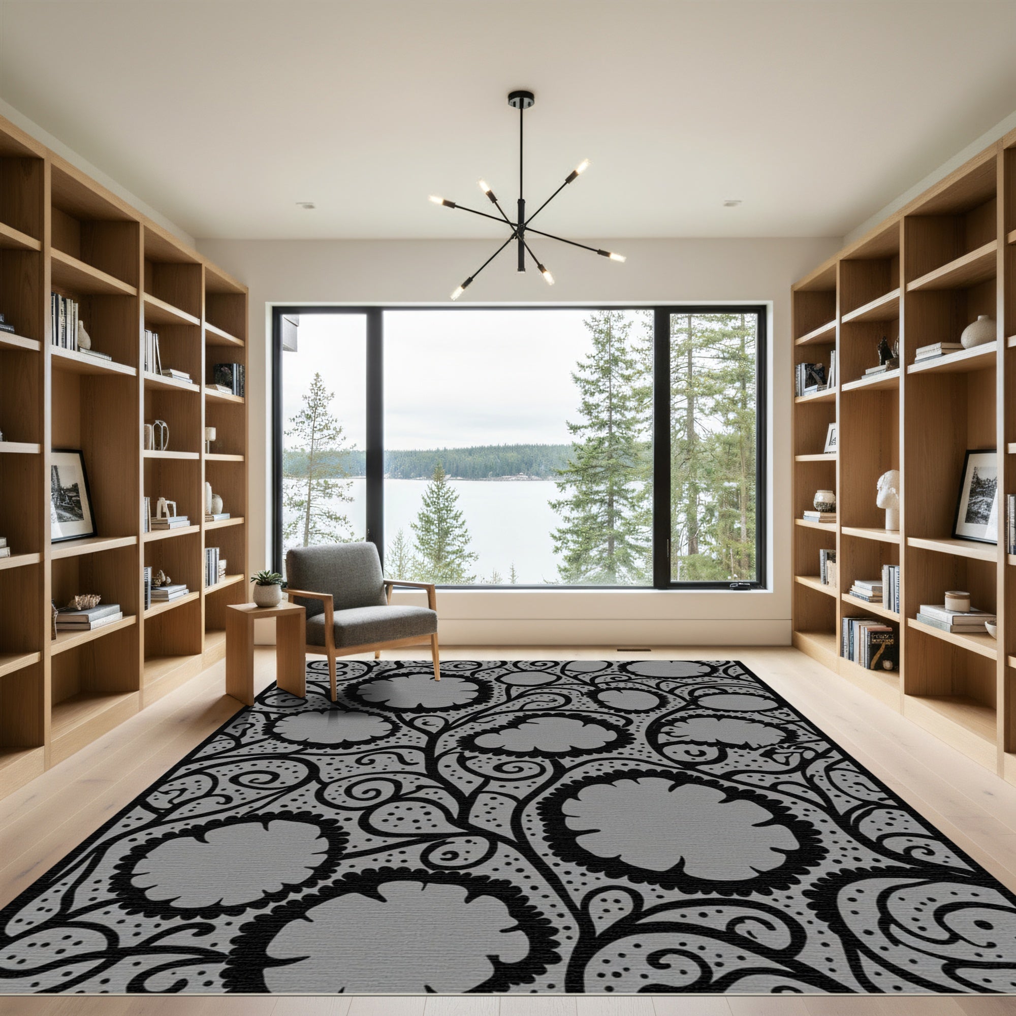 Black Petal Swirl Floral Rug