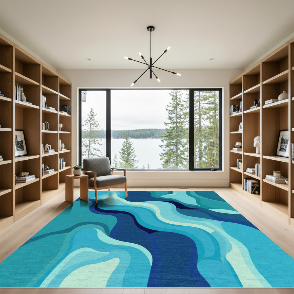 Oceanic Blue Abstract Wave Rug