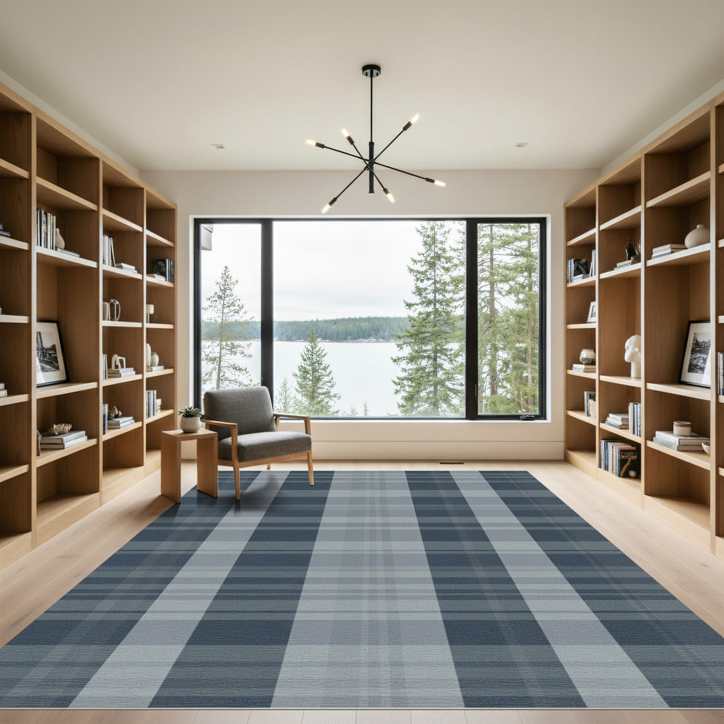 Classic Blue Gray Plaid Overlay Rug