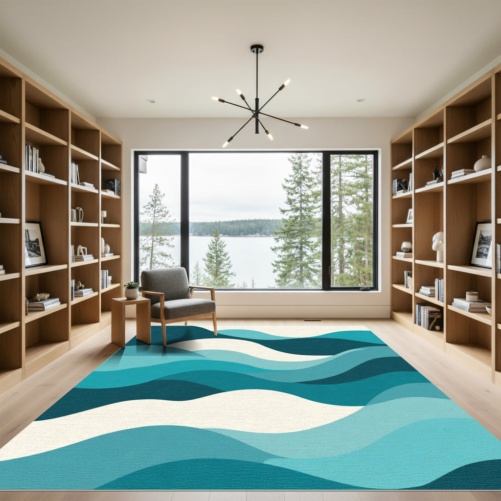 Teal Ocean Wave Abstract Rug