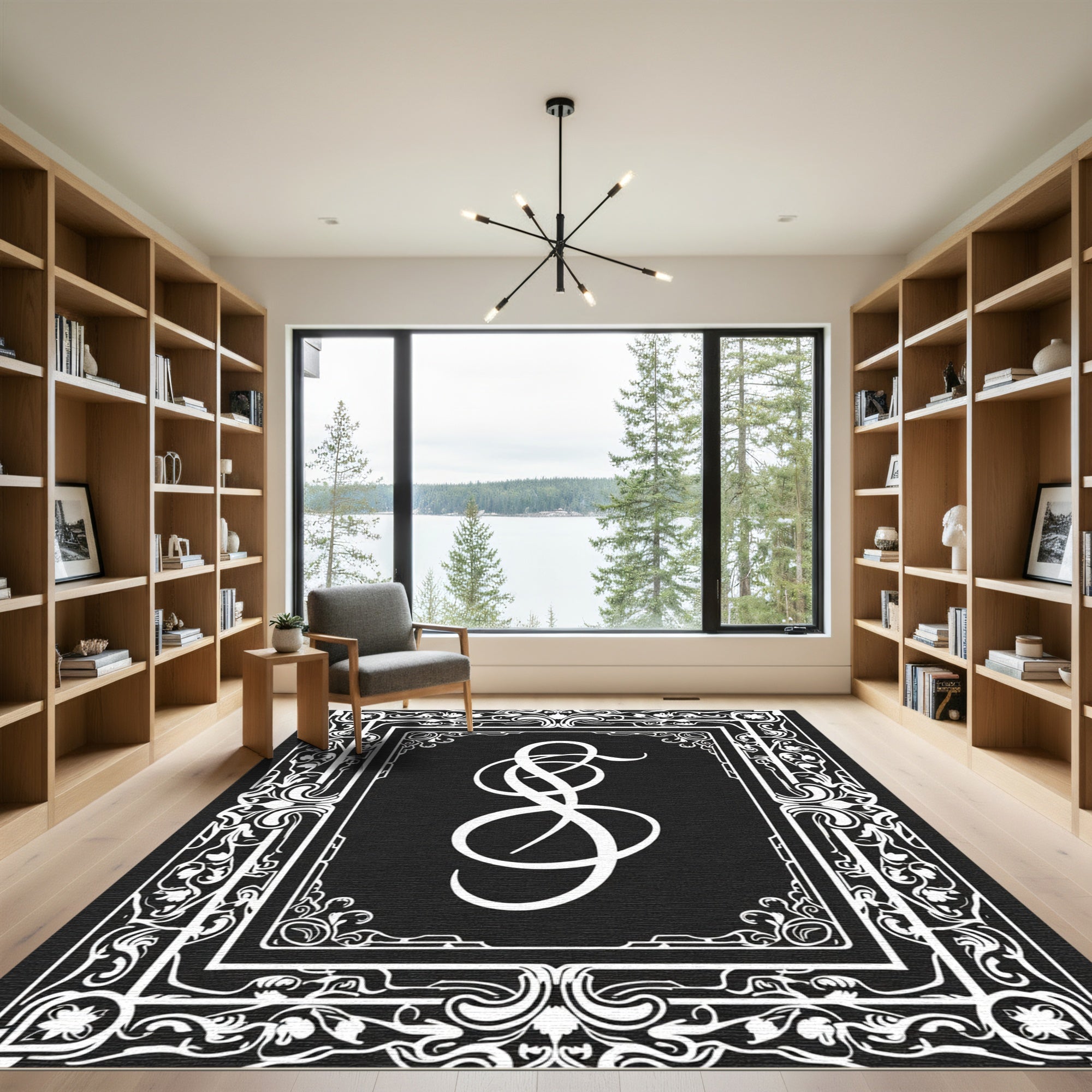 Classic Black White Ornate Scroll Rug