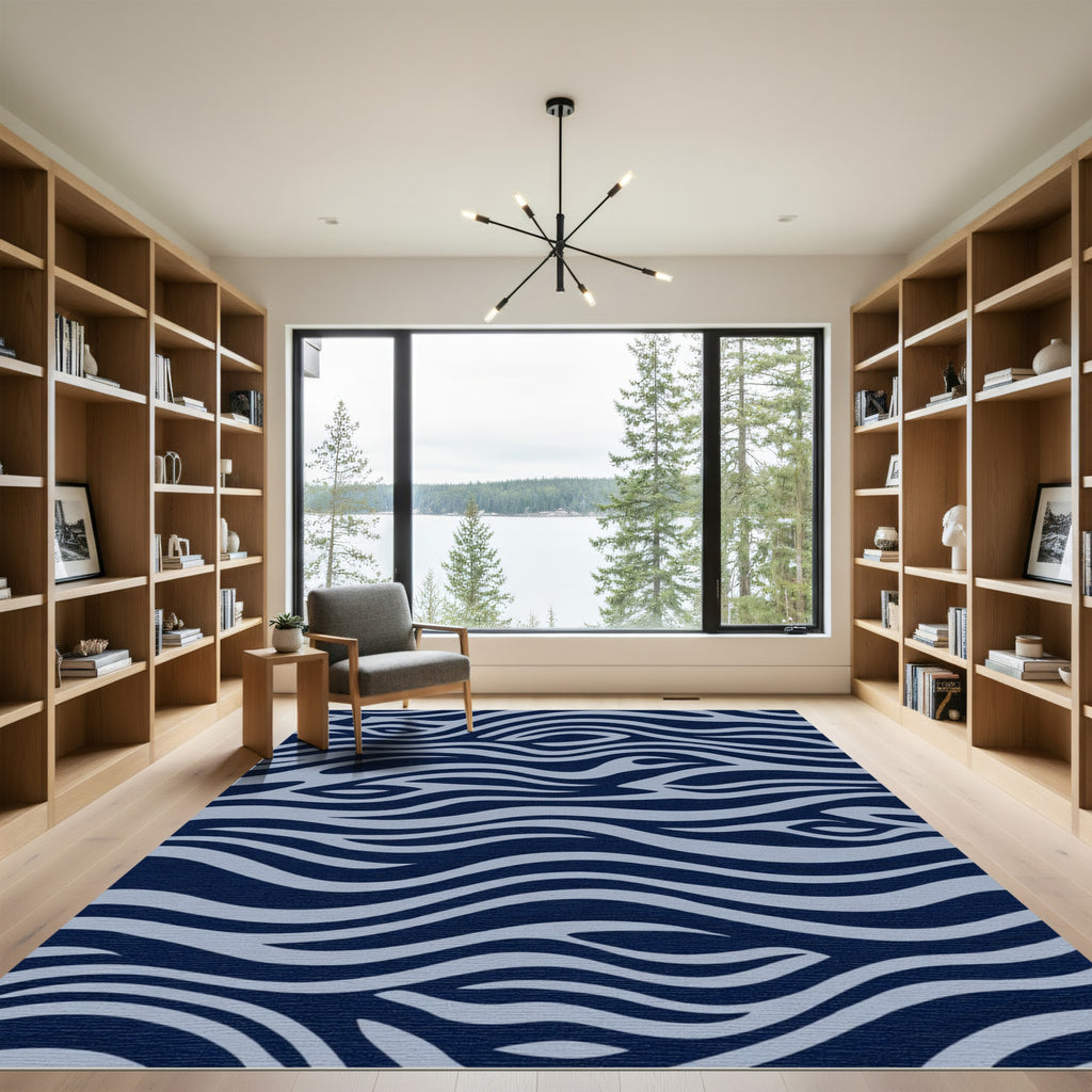 Deep Blue Gray Abstract Wave Rug