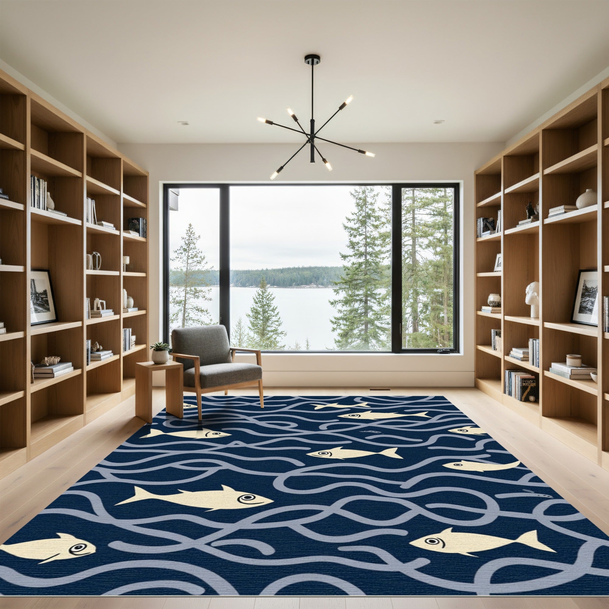 Sandy Fish In Navy Waves Rug