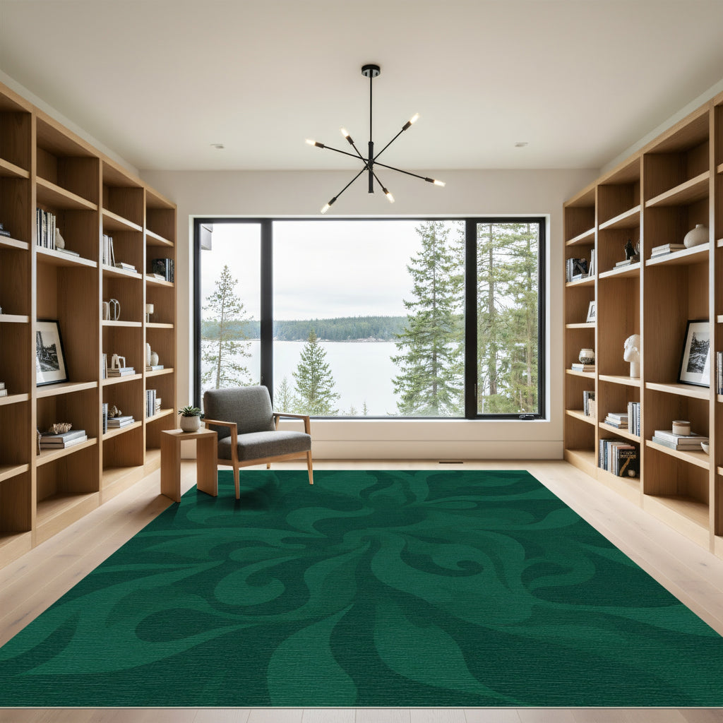 Deep Emerald Swirling Leaf Medallion Rug
