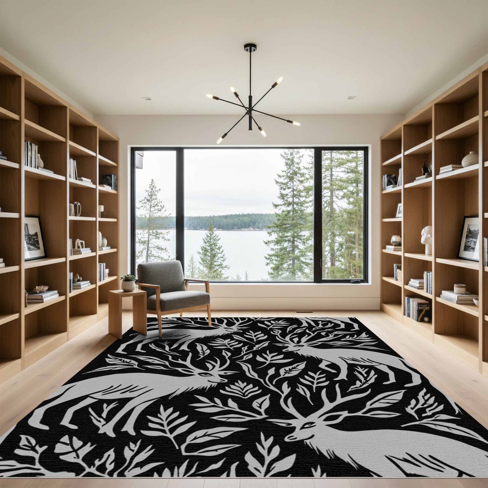 Light Gray Stag Botanical Scene Rug