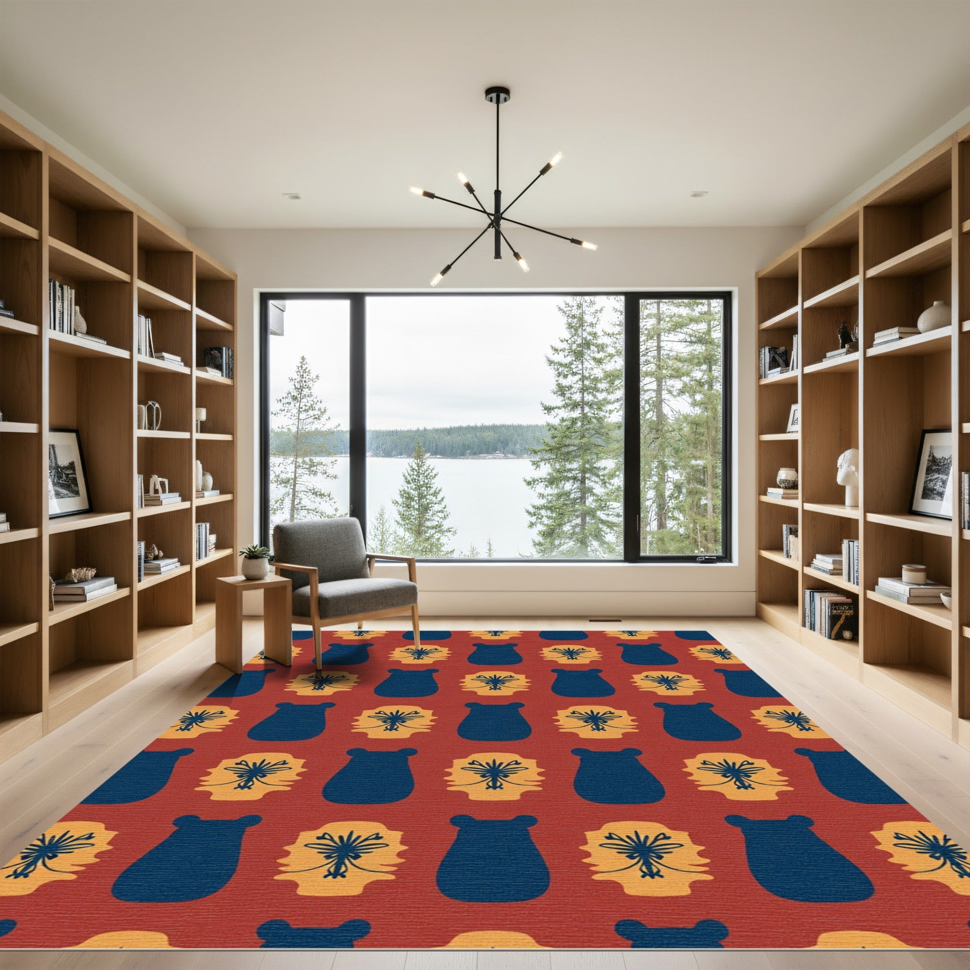 Rust Blue Bear Floral Repeat Rug
