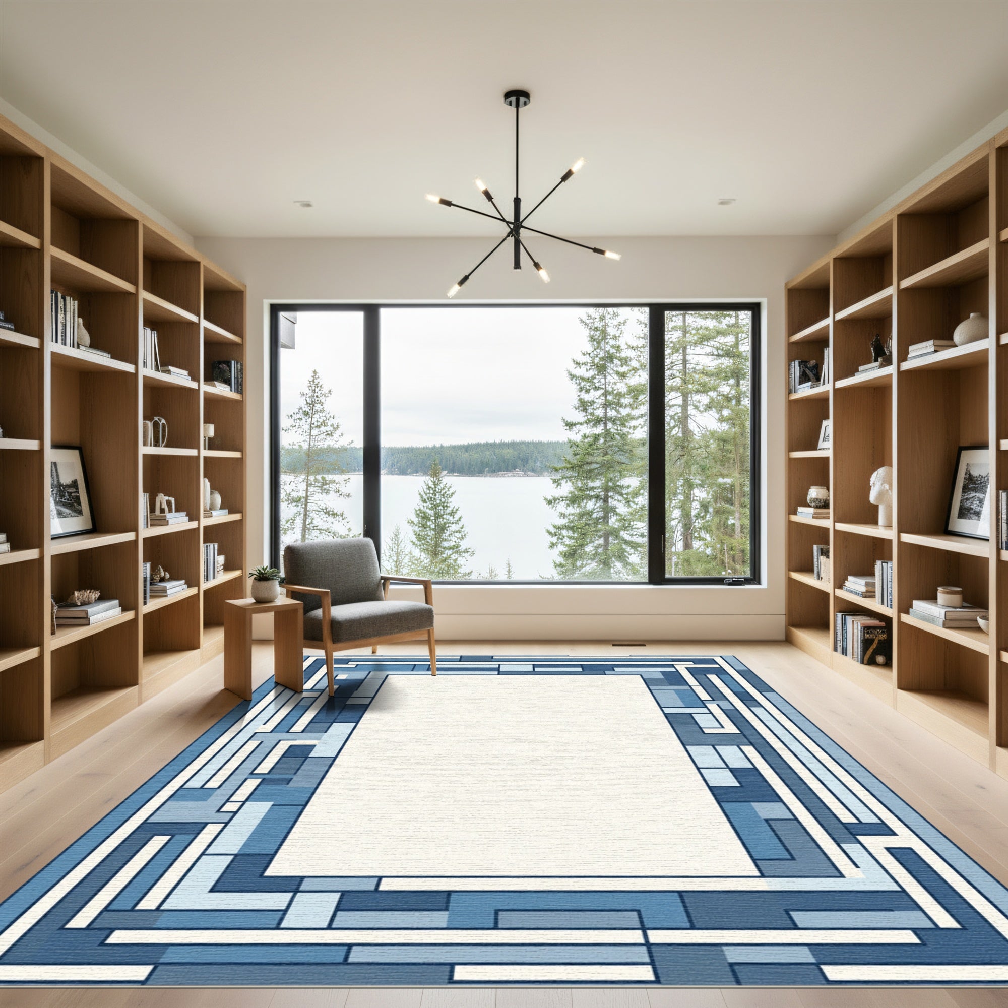 Geometric Blocks Blue Border Rug