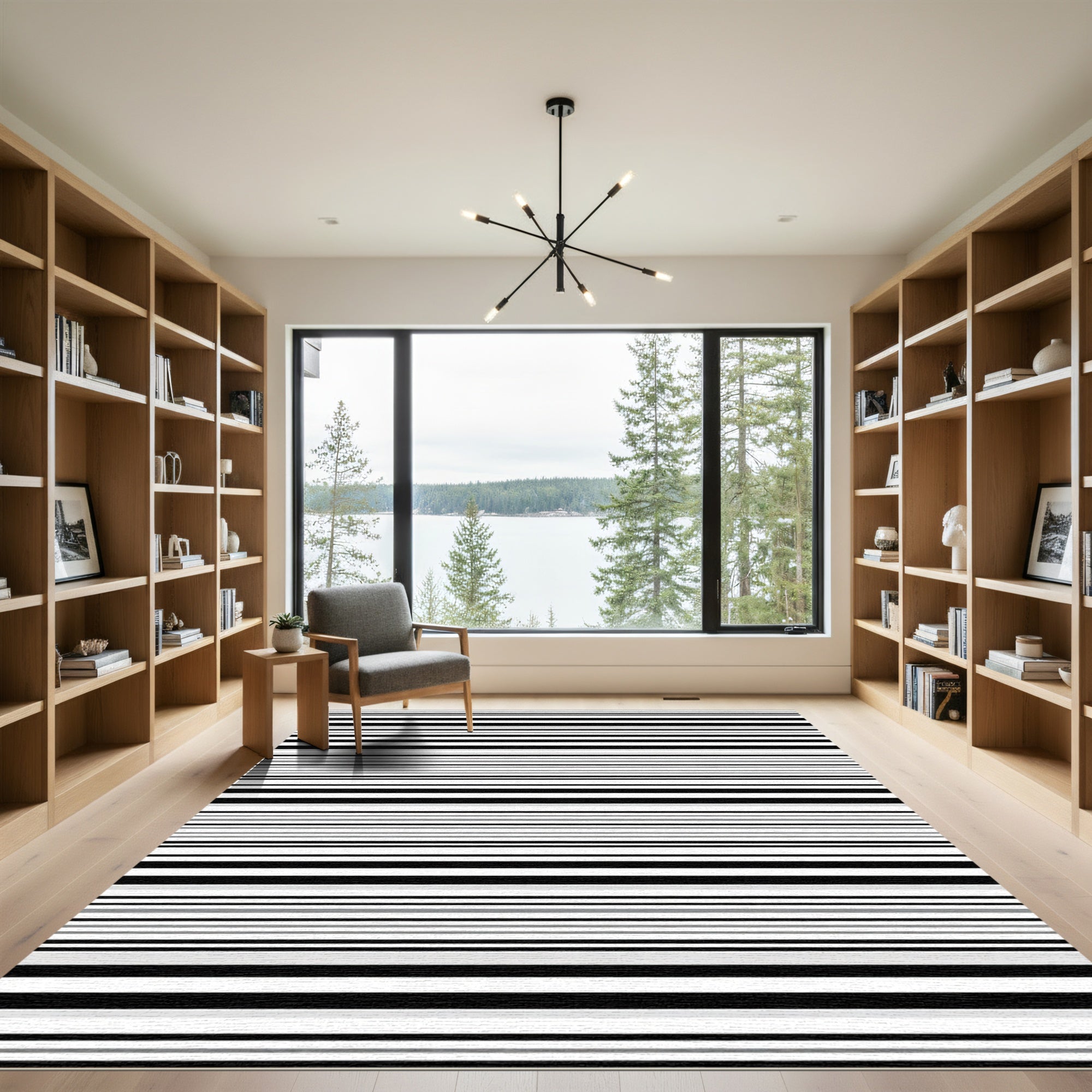 Black White Gray Linear Stripe Rug
