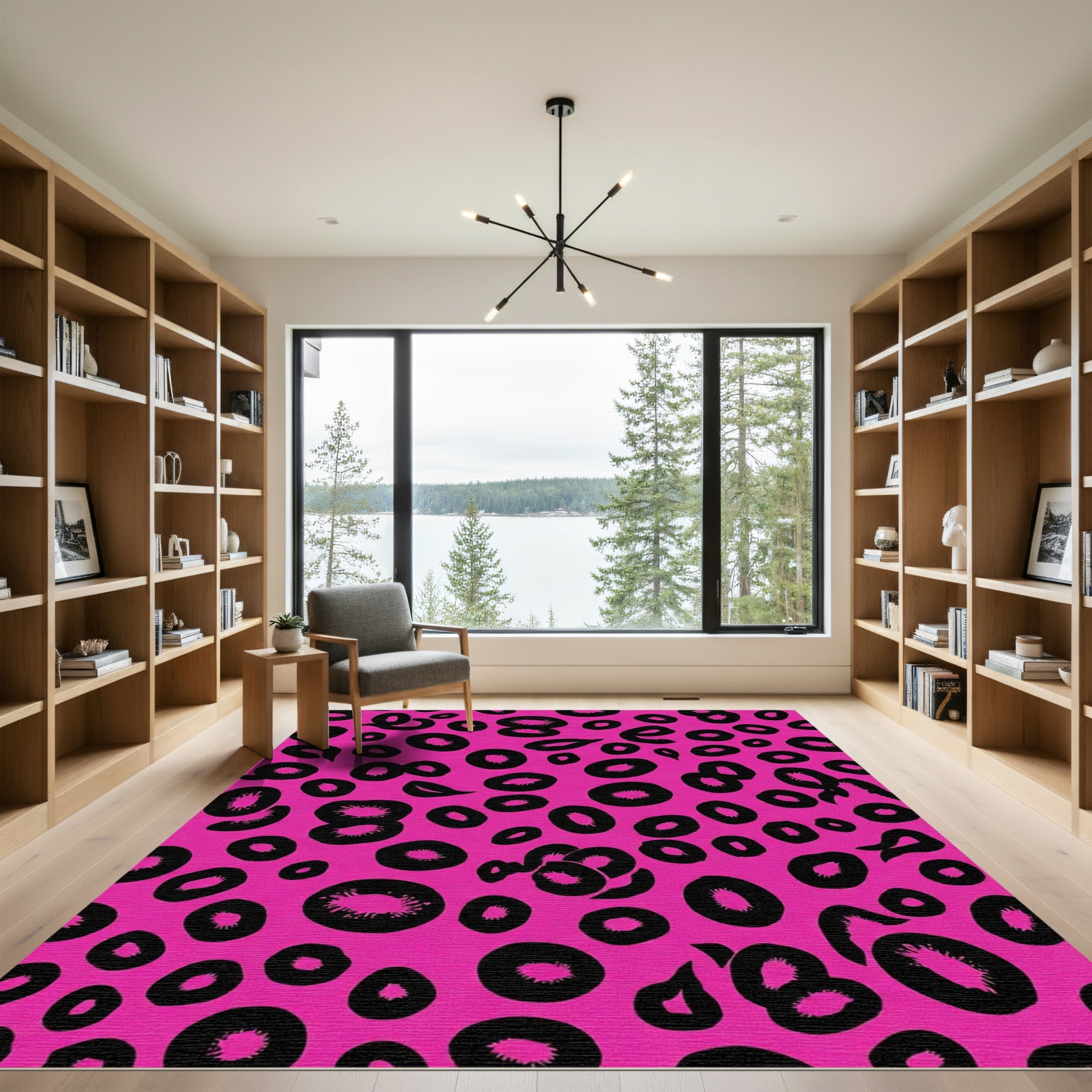 Vibrant Pink Black Spotted Abstract Rug