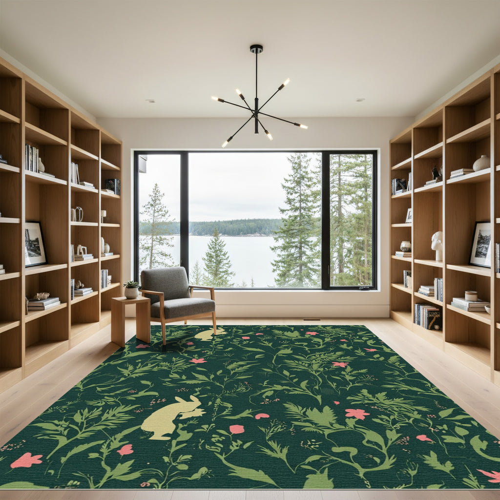 Whimsical Beige Bunny Emerald Garden Rug