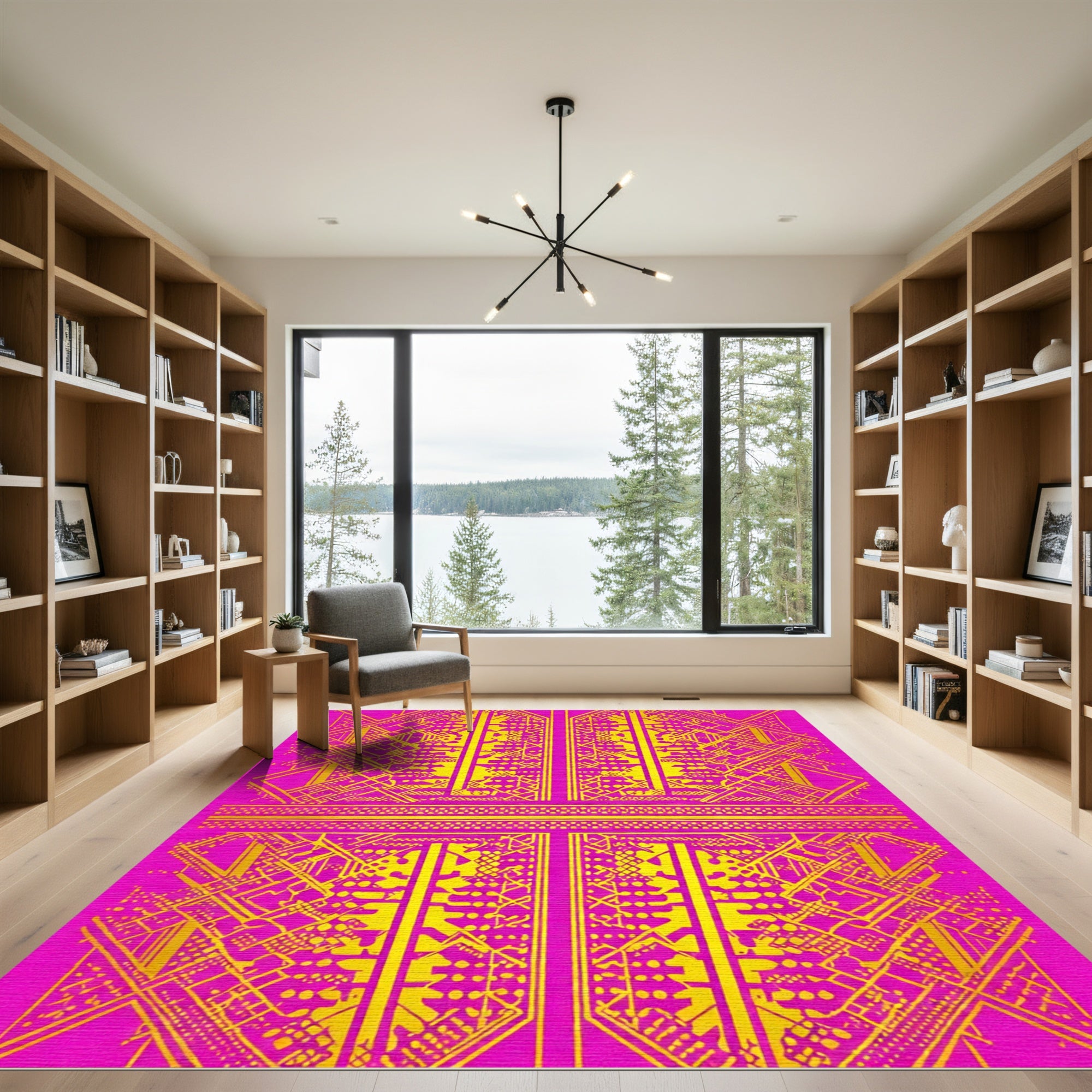 Vibrant Pink Gold Geometric Maze Rug