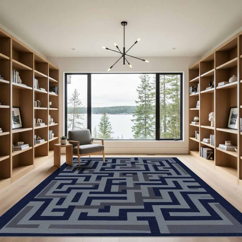 Navy Blue Geometric Maze Rug