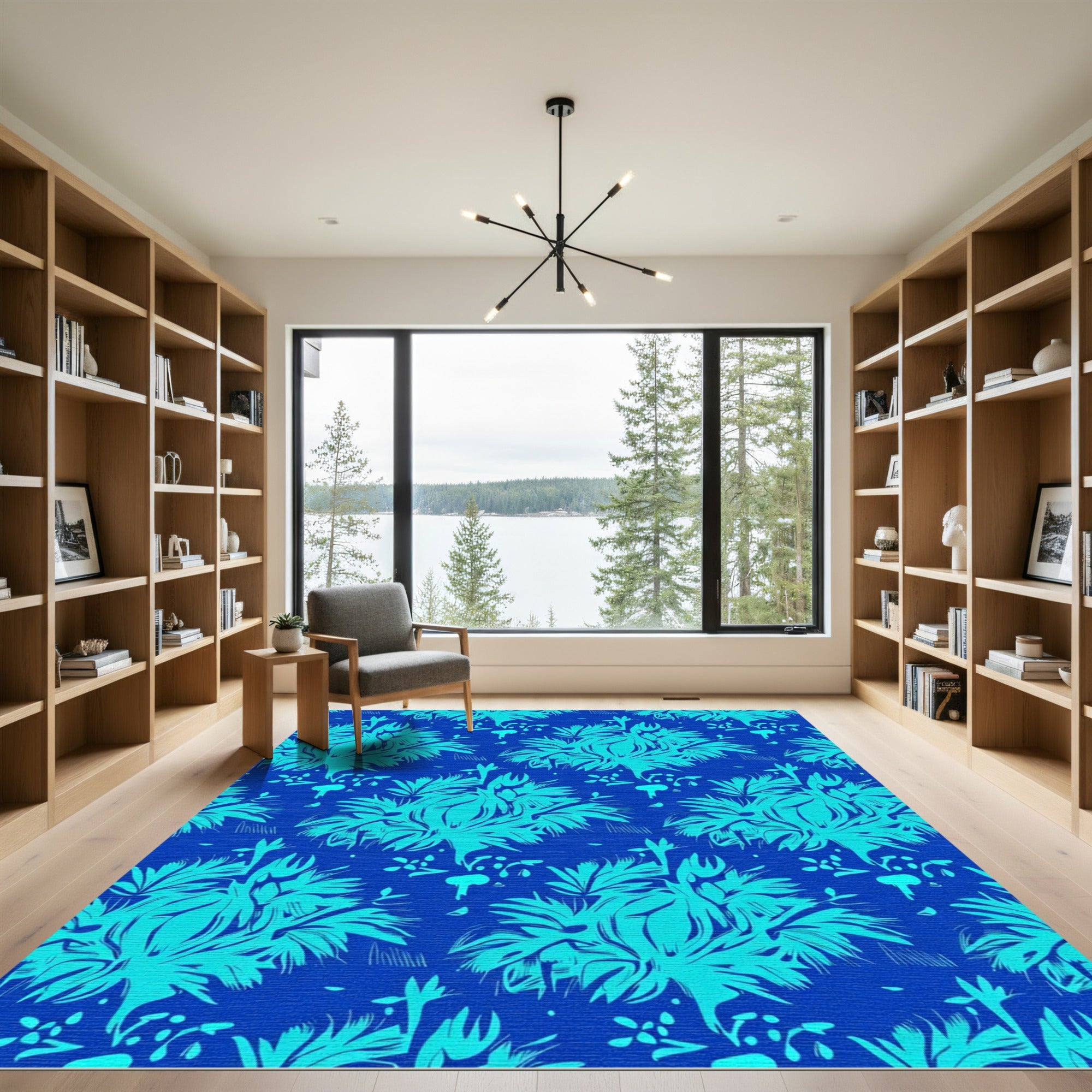 Electric Blue Tropical Floral Arrangement Rug