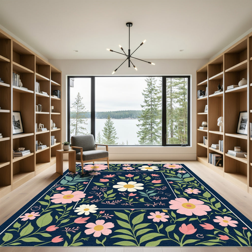 Navy Blue Floral Garden Artwork Rug
