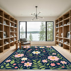 Navy Blue Floral Garden Artwork Rug