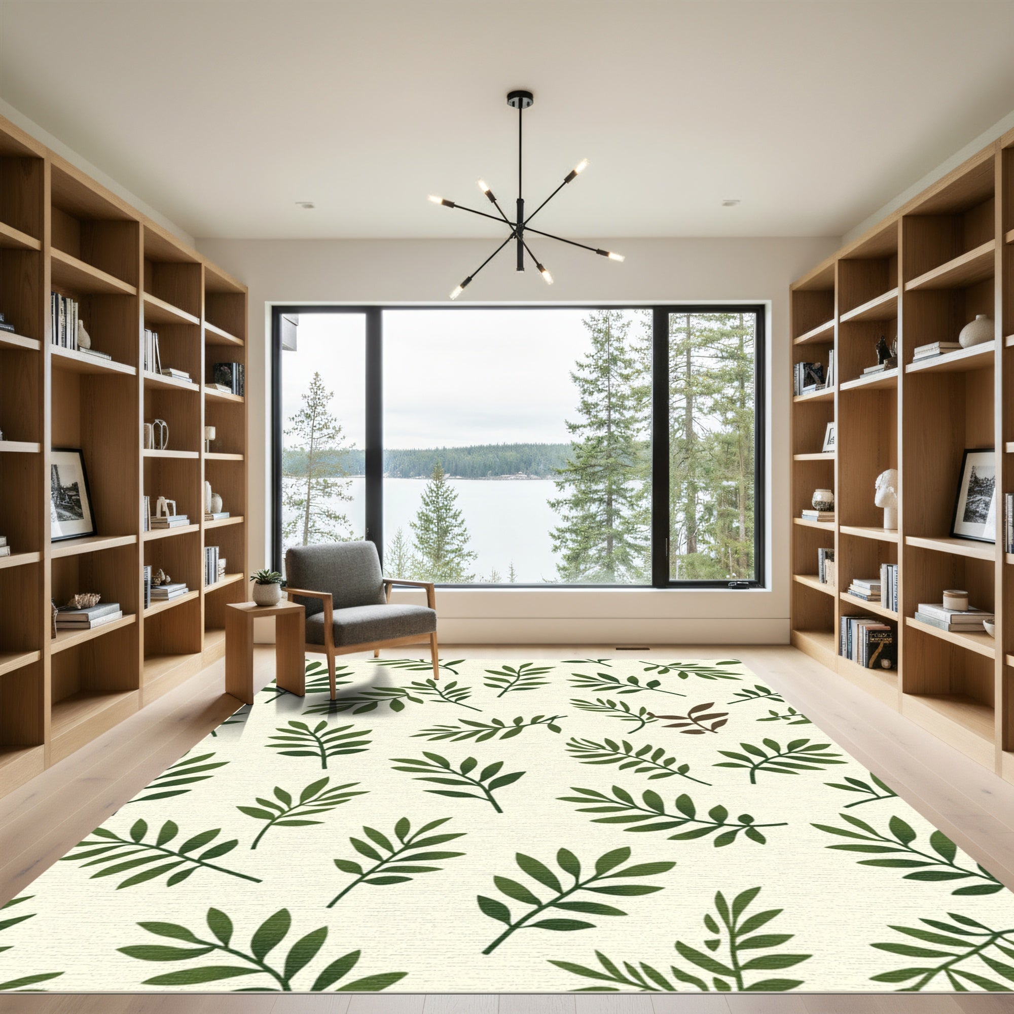 Olive Green Leafy Branches Botanical Rug