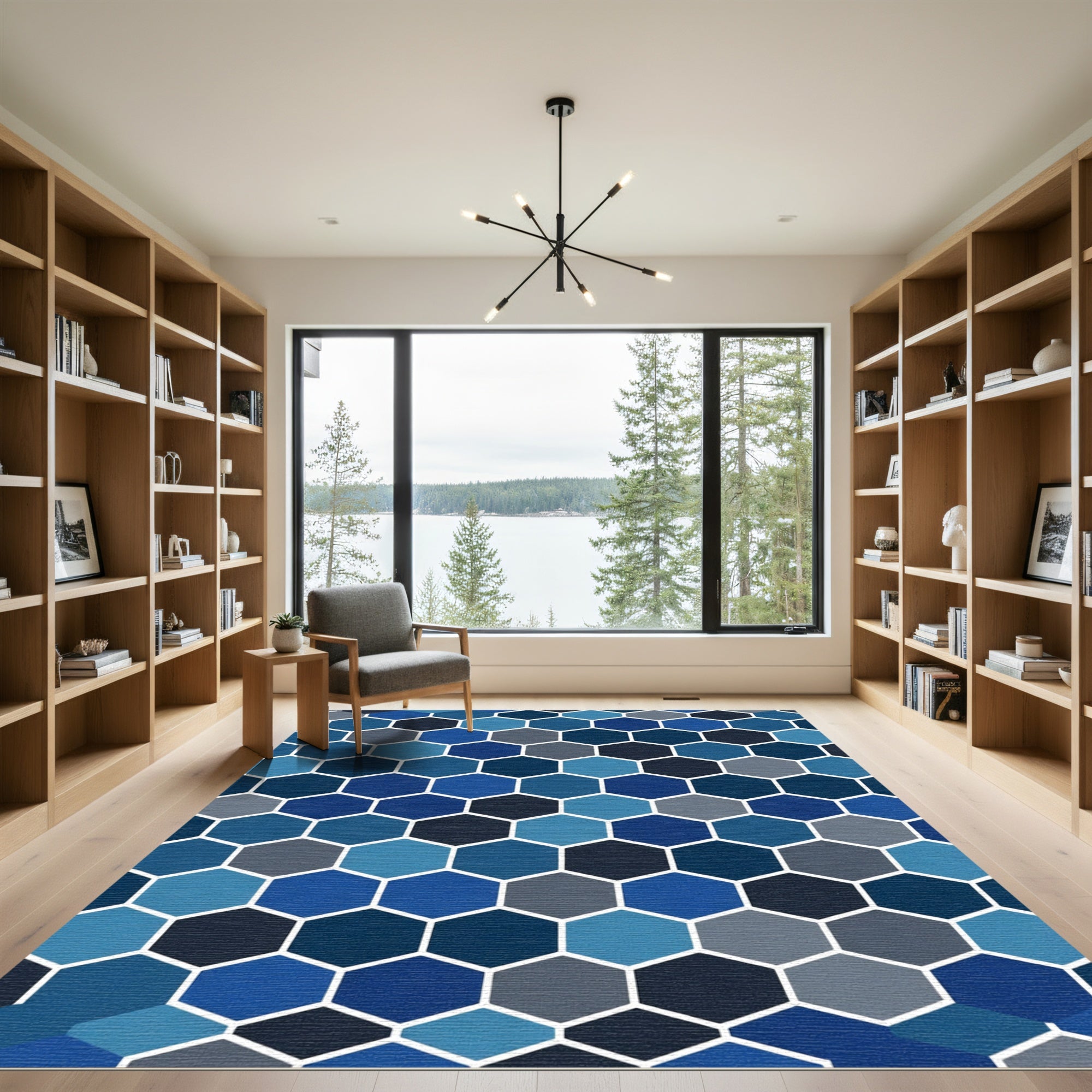 Deep Blue Hexagonal Grid Rug