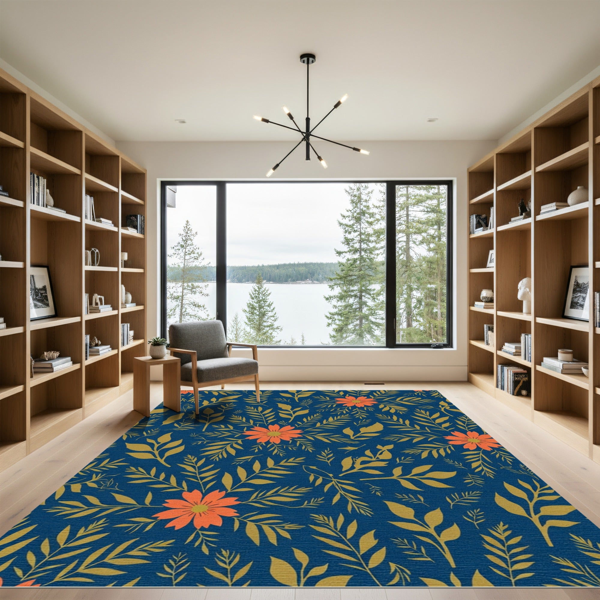 Navy Golden Floral Foliage Rug