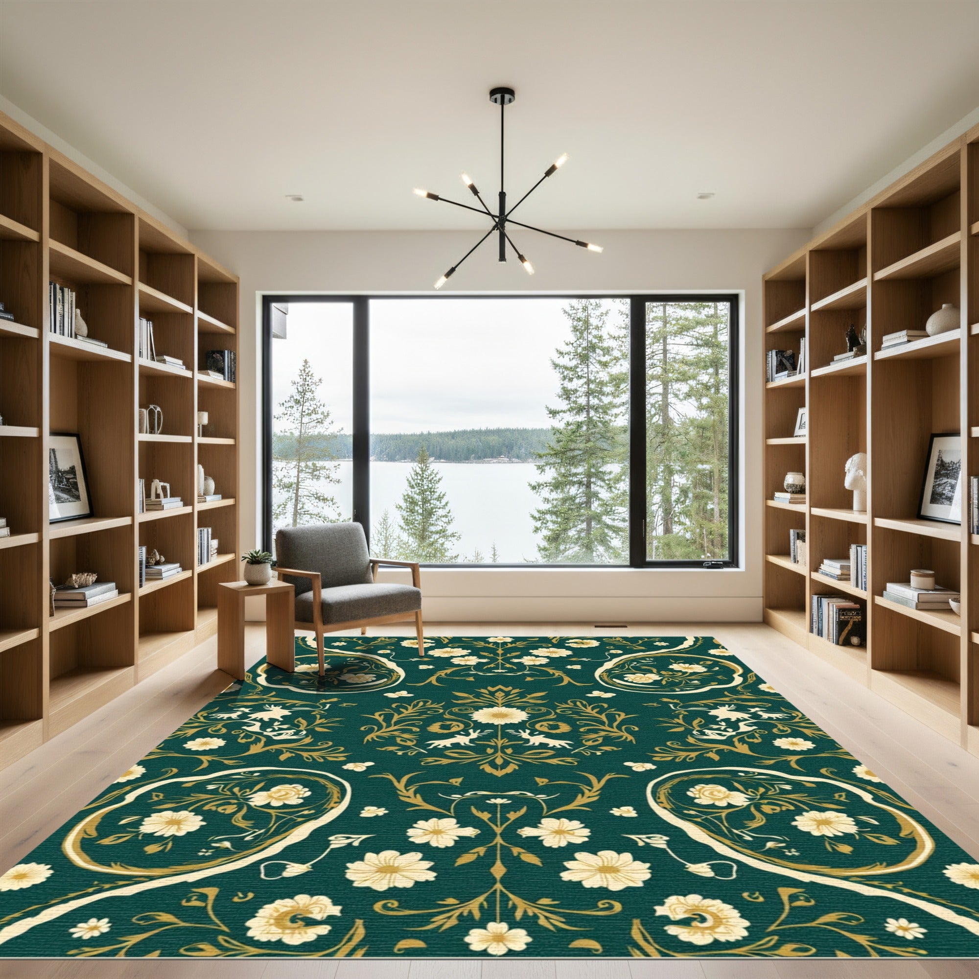 Dark Teal Floral Scroll Animal Rug