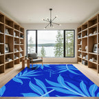 Bright Tropical Leaves Blue Watercolor Rug